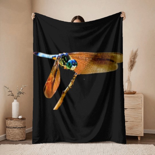 Colorful dragonfly on a branch Throw Blankets