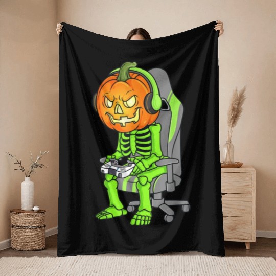 Gaming Halloween Skeleton Jack O Lantern Gamer Boy Throw Blankets
