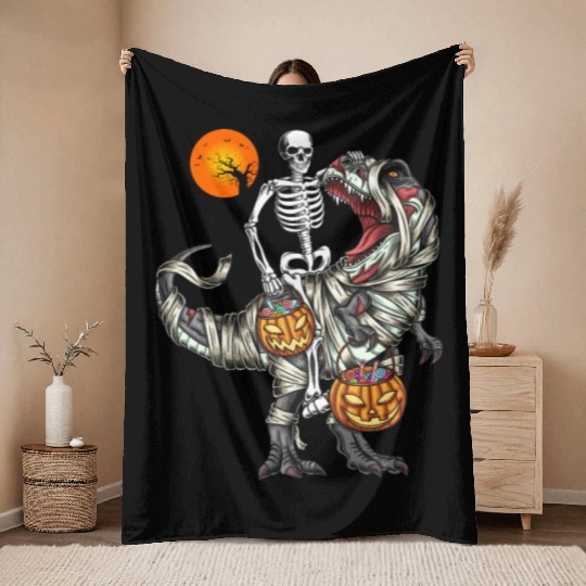 Skeleton Riding Mummy Dinosaur Halloween Gifts Throw Blankets