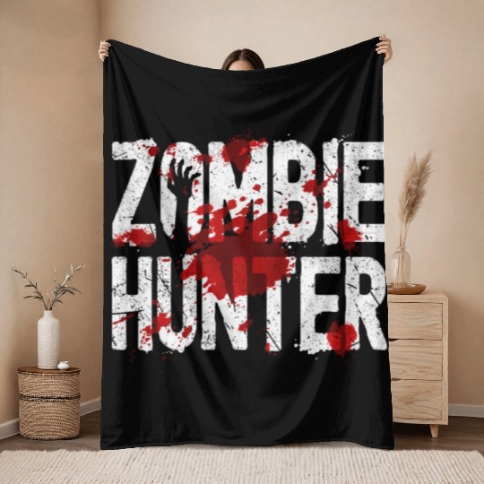 Zombie Hunter Creepy Scary Blood Splatter Zombies Throw Blankets