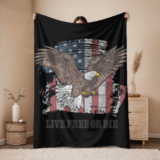 Live Free or Die - Bald Eagle - Grunge American Fl Throw Blankets