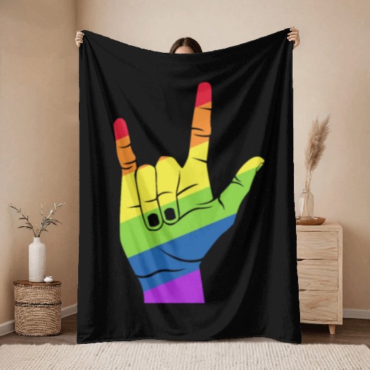Love Hand Symbol LGBT Rainbow Flag Throw Blankets