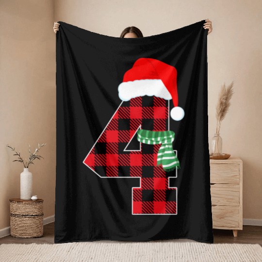 Number 4 Christmas Theme Xmas 4th Bday 4 Year Old Throw Blankets
