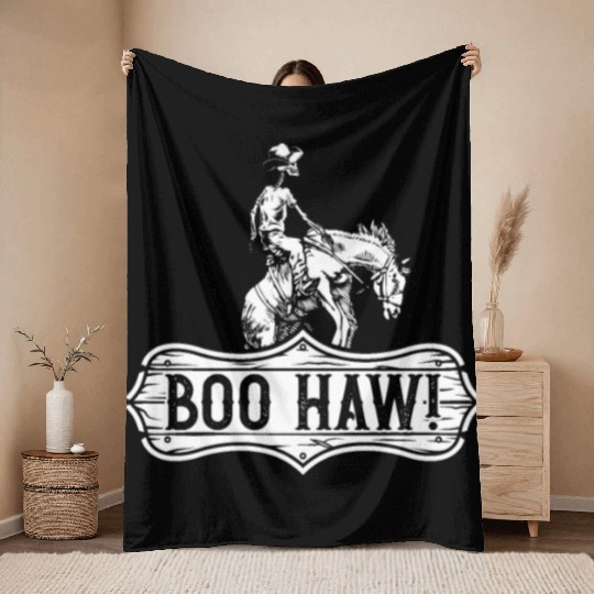 Cowboy Halloween Boo Haw Western Skeleton Rider Throw Blankets