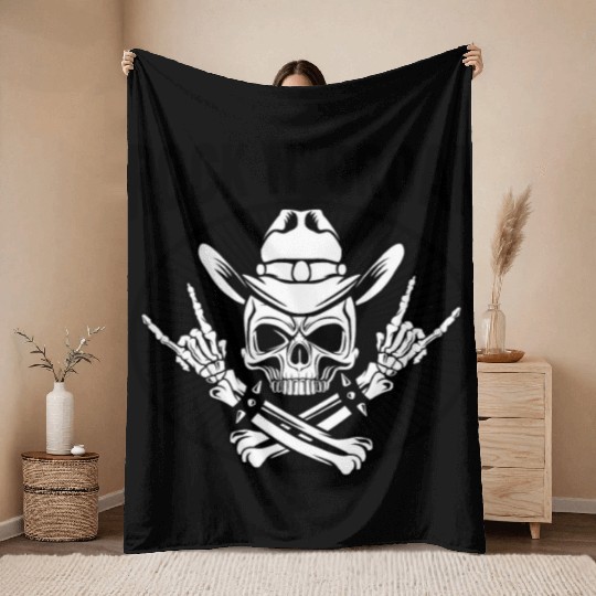 Halloween Cowboy Skeleton Rocker Hand Rock Throw Blankets