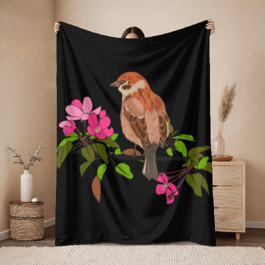Sparrow on a branch pink flowers of an apple tree Throw Blankets