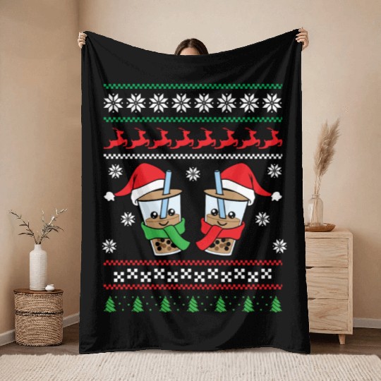 Christmas Bubble Boba Tea Winter Xmas Holiday Throw Blankets