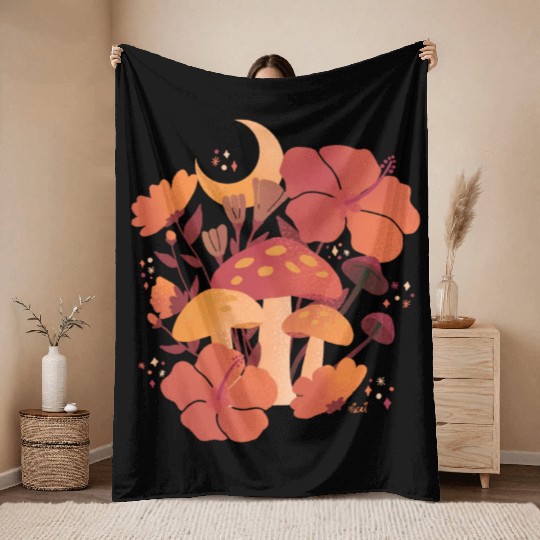 Fall Mushrooms and Hibiscus Floral Nights Throw Blankets