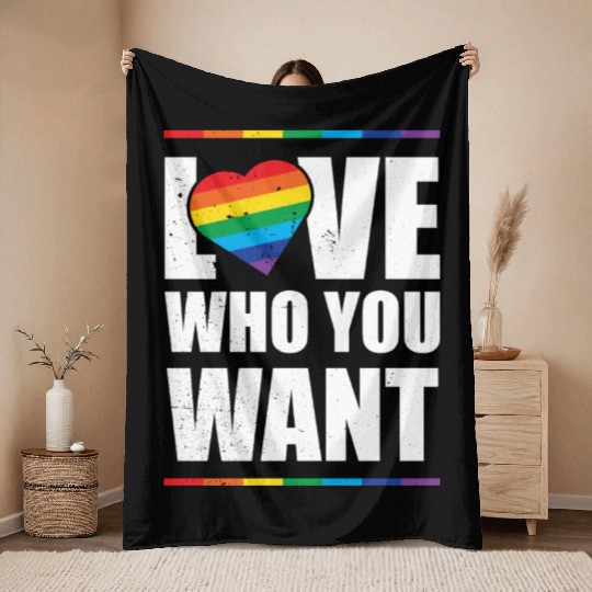 LGBT Love Who You Want Gay Pride Rainbow Heart Throw Blankets