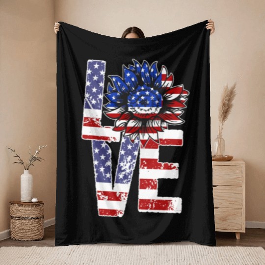 Love Sunflower USA 4th of July Pride Throw Blankets