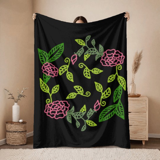Decorative pattern with flowers and green leaves Throw Blankets
