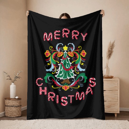 Merry Christmas Decorative Tree with Candy Cane Throw Blankets