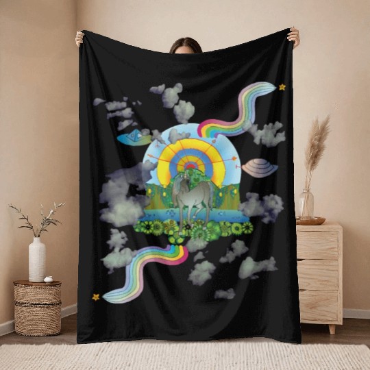 Unicorn Alien Rainbows Throw Blankets