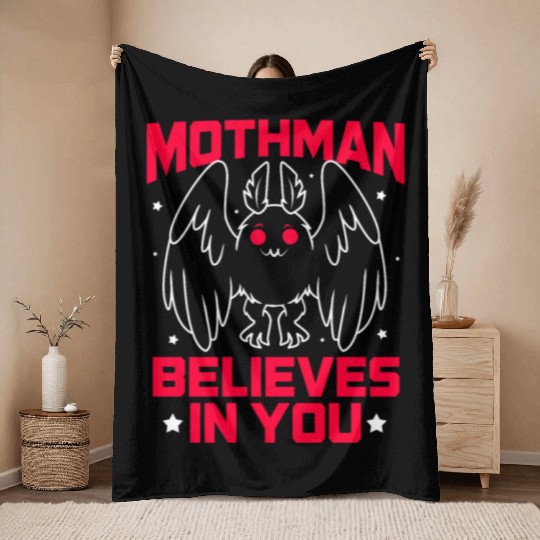 Funny Cryptid Gothic Mothman Believes In You Throw Blankets