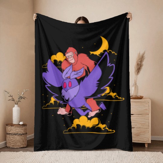 Bigfoot Riding Mothman Funny Cryptozoology Throw Blankets