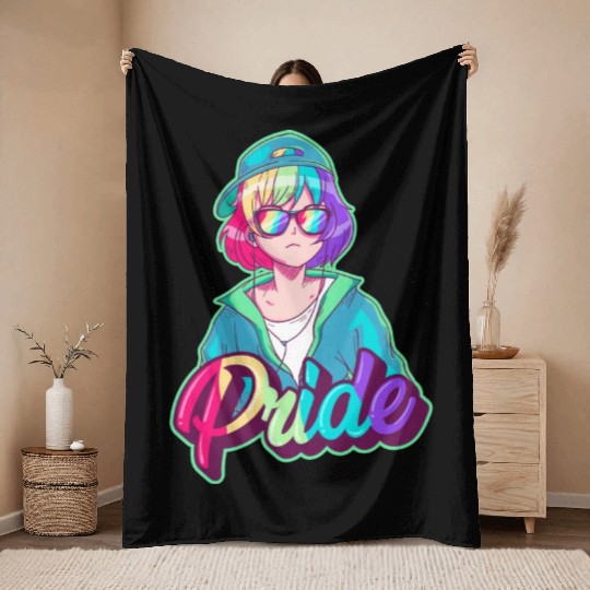 Gay Pride Anime Girl Hip Hop Rainbow Gay Flag LGBT Throw Blankets