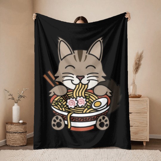 Maine Cat Ramen Noodles Throw Blankets