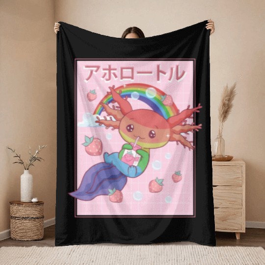 Kawaii Axolotl Strawberry Milk Gay Pride Throw Blankets