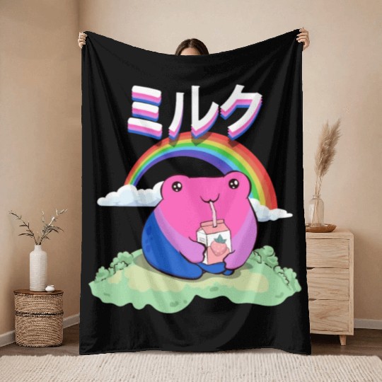 Kawaii Frog Strawberry Milk Bisexual Pride Flag Throw Blankets