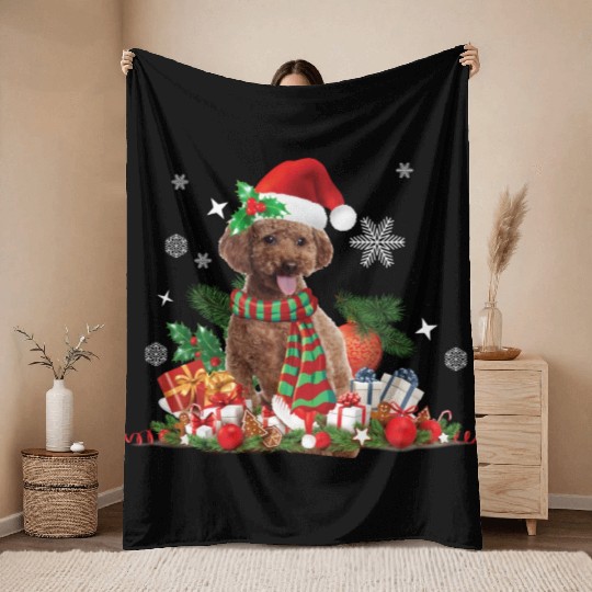 Christmas themed brown Poodle dog Throw Blankets