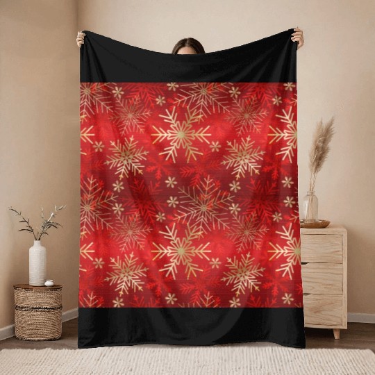 Snowflakes Pattern Red Gold Throw Blankets