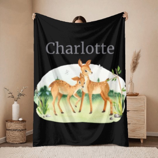 Forest Animal Deer Flowers Name Charlotte Throw Blankets