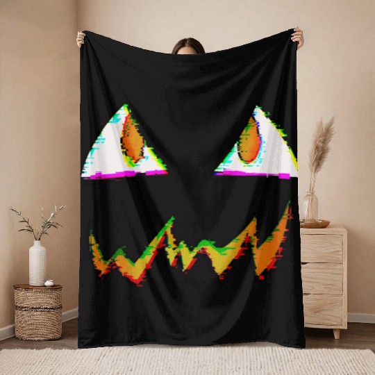 Jack O Lantern Face Glitch Throw Blankets