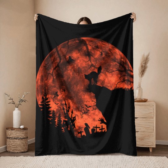 Cat Red Moon trick or treat Bats Forest Funny Hall Throw Blankets