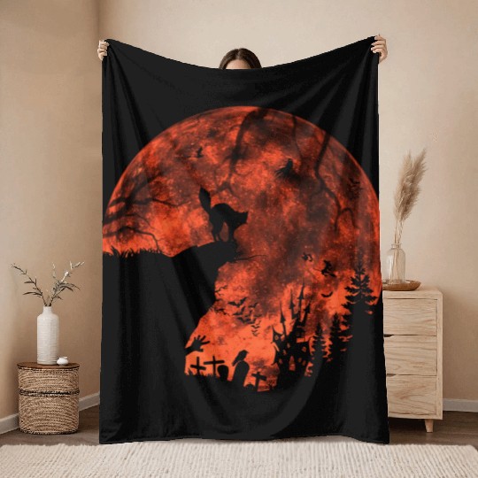 Cat Red Moon trick or treat Bats Forest Halloween Throw Blankets