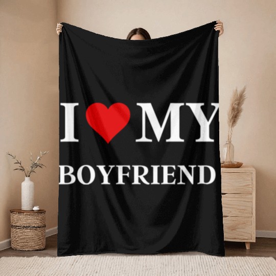 I Love My Boyfriend Black Throw Blankets