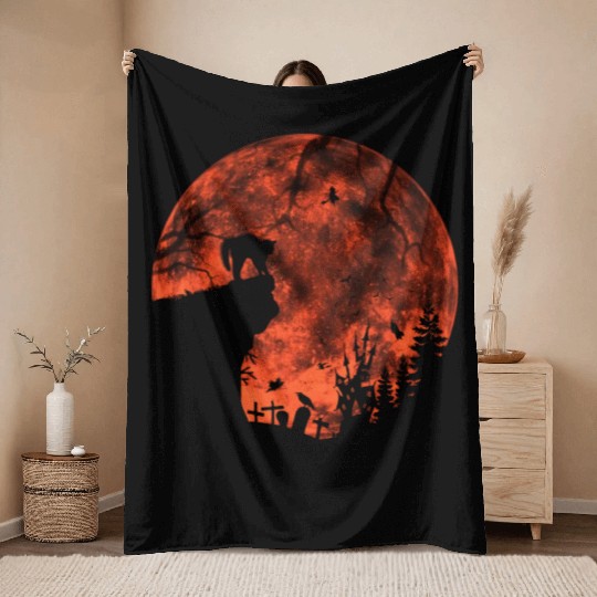 Cat Red Moon trick or treat Bats Forest Funny Throw Blankets