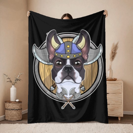 Boston Terrier I Valhalla I Viking Throw Blankets