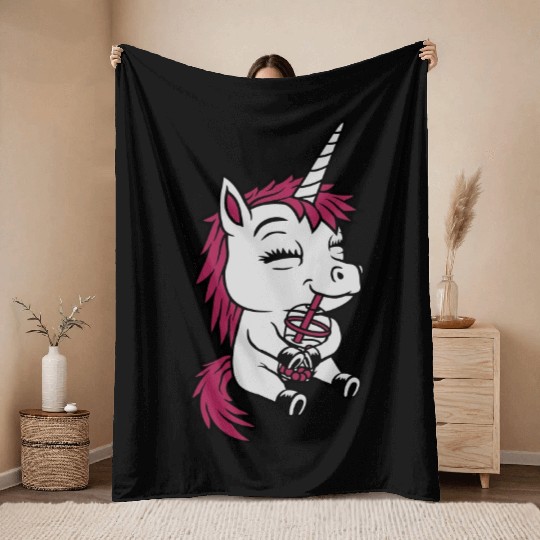 Boba tea drinking unicorn Throw Blankets