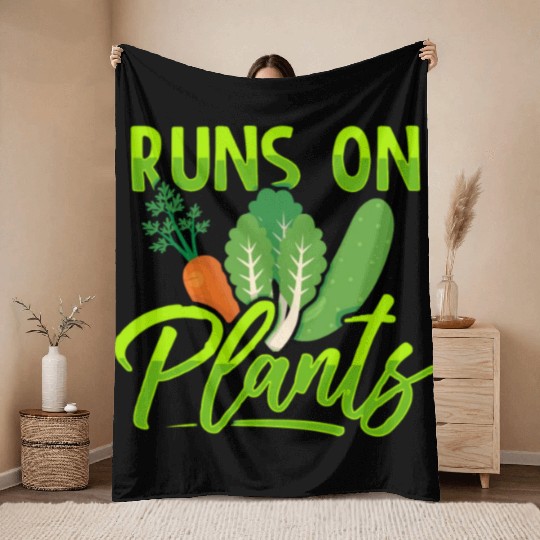 Runs On Plants Plant-Based Vegan Vegetarian Throw Blankets