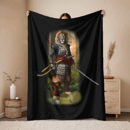 Exclusive Hand Drawn Samurai Lion Throw Blankets