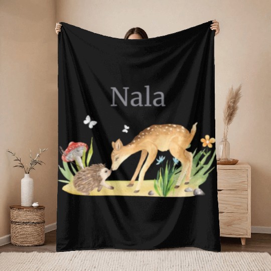 Forest Animal Deer Hedgehog Flowers Name Nala Throw Blankets