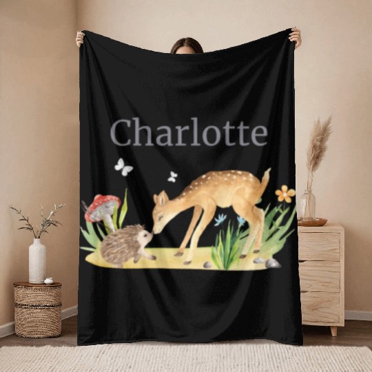 Forest Animal Deer Hedgehog Flowers Name Charlotte Throw Blankets