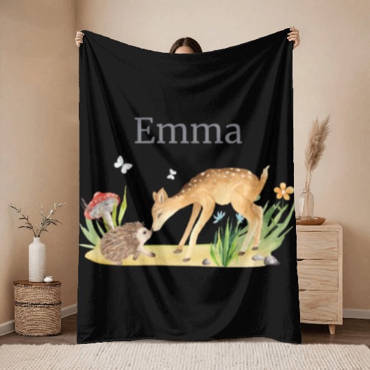 Forest Animal Deer Hedgehog Flowers Name Emma Throw Blankets