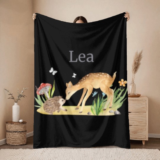 Forest Animal Deer Hedgehog Flowers Name Lea Throw Blankets