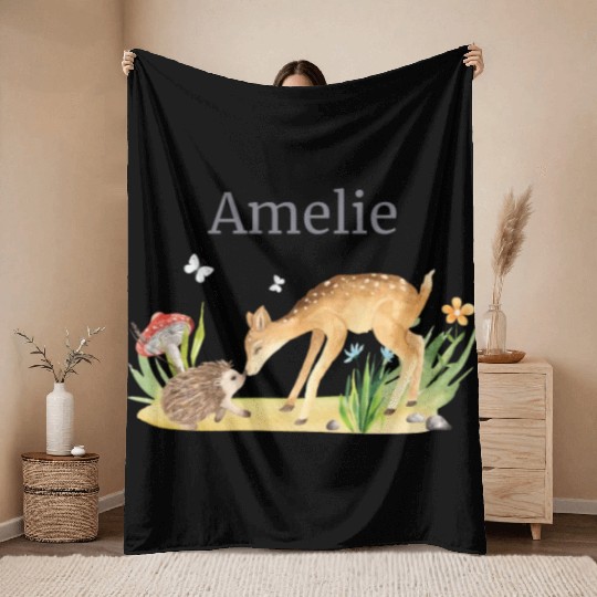 Forest Animal Deer Hedgehog Flowers Name Amelie Throw Blankets