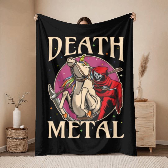 Reaper Rock Satan Unicorn Festivals Death Metal Throw Blankets