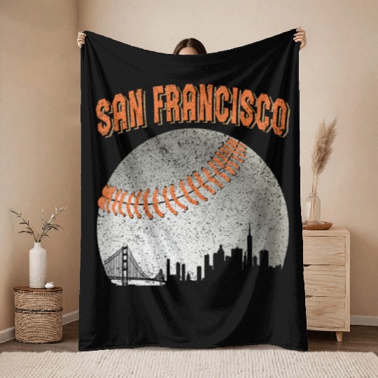 San Francisco Vintage Skyline Baseball For Gameday Throw Blankets