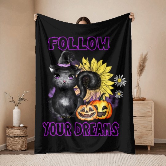 Follow Your Dreams - Black Cat Jack-O-Lantern Throw Blankets