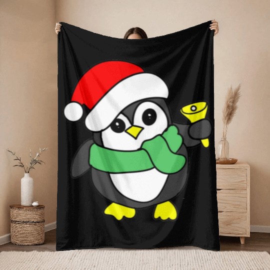 penguin ringing bell Throw Blankets