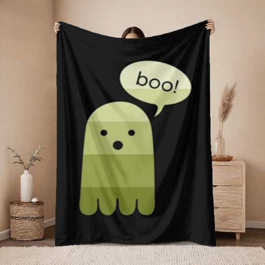 Olive Green Boo Ghost Halloween Throw Blankets