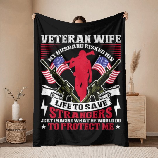 US Veteran's Wife Veterans Day Patriotic American Throw Blankets