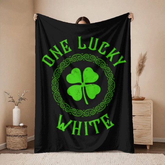One Lucky White Irish Family Four Leaf Clover Throw Blankets