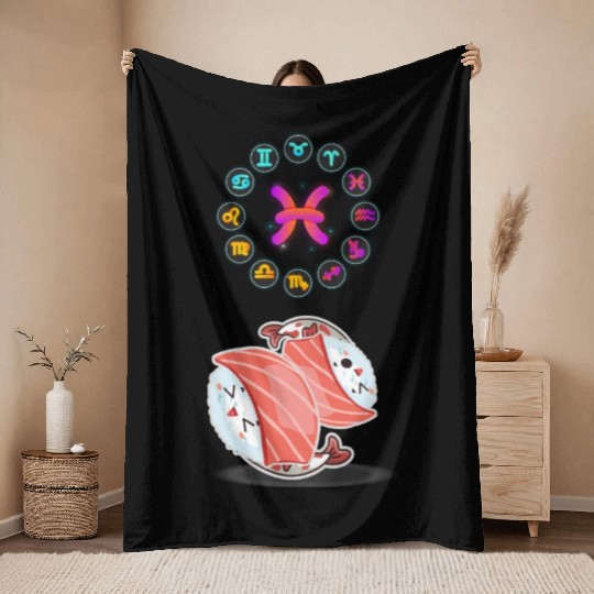 Japanese Sushi Funny Pisces Zodiac Funny Sushi Pun Throw Blankets
