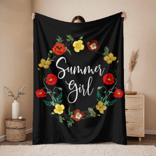 Summer Girl Poppy Flowers Leo Born In August Birth Throw Blankets