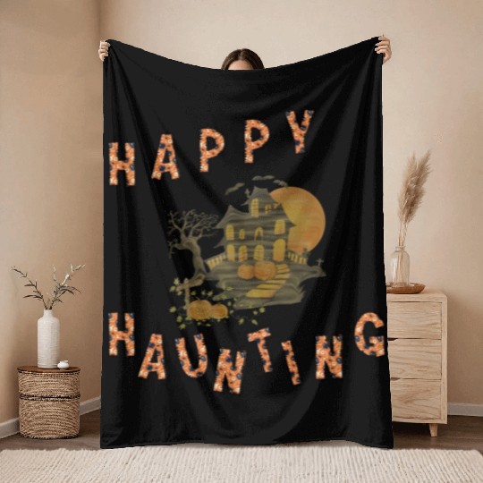Happy haunting party pumpkins dead house bat Throw Blankets
